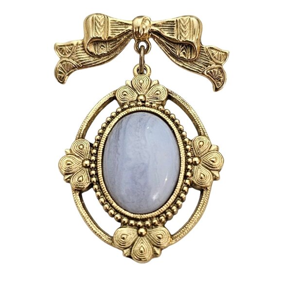 1928 Brand Bow Brooch Oval Setting, Blue Lab Agate Pin - Picture 7 of 7